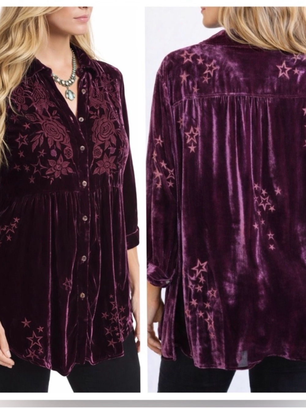 Johnny Was Roberta Velvet Smocked Blouse Embroidered Blouse Size Small Boho